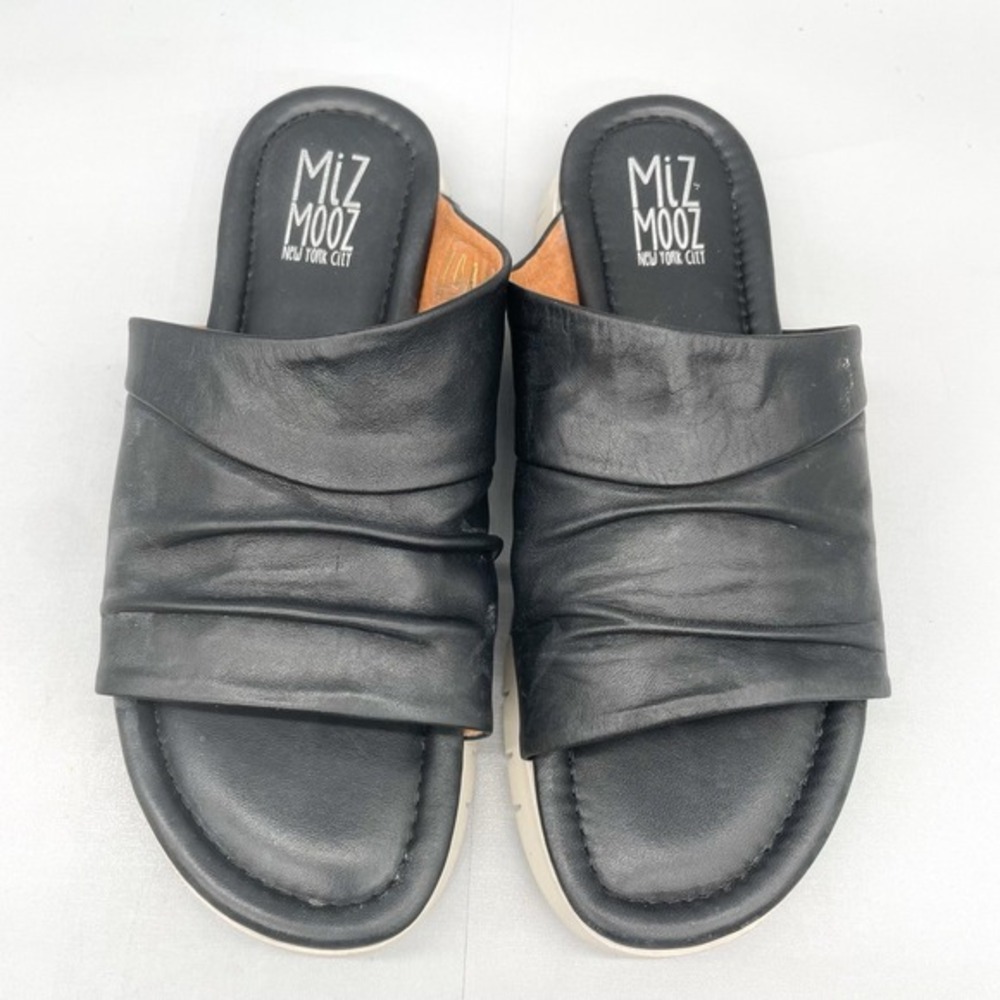 Miz Mooz Womens 37 6.5 Claribel‎ Slide Sandals Shoes Black Leather Slip On Flats